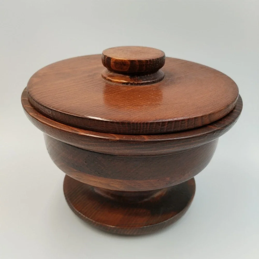 Vintage Hand Turned Wood Lidded Pedestal Bowl Artisan Signed 